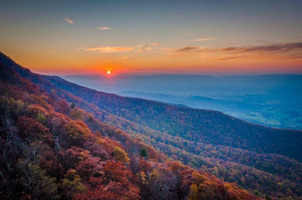 Gorgeous sunset over the Shenandoah Valley fall foliage
